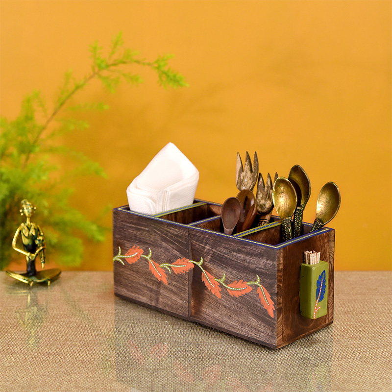 Moorni Autumn Leaf Cutlery Stand Handcrafted in Wood - (11x4x4)