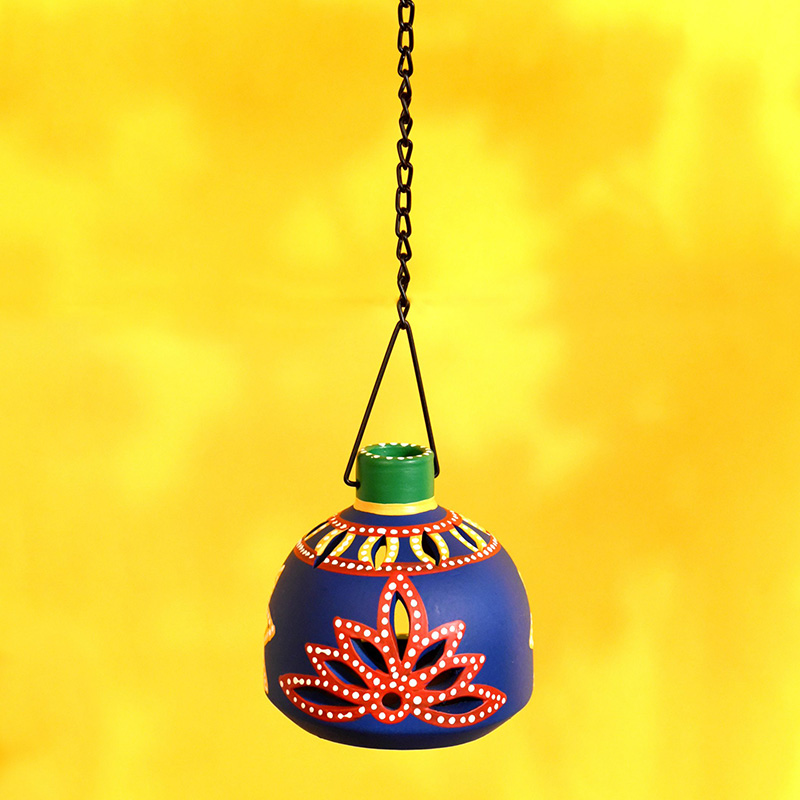 Moorni Terracotta Handpainted Blue Matki Hanging Tea Light