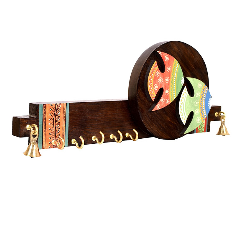 Moorni Key Holder Handcrafted Madhubani Fish 5 Keys - (13x1.3x5 in)