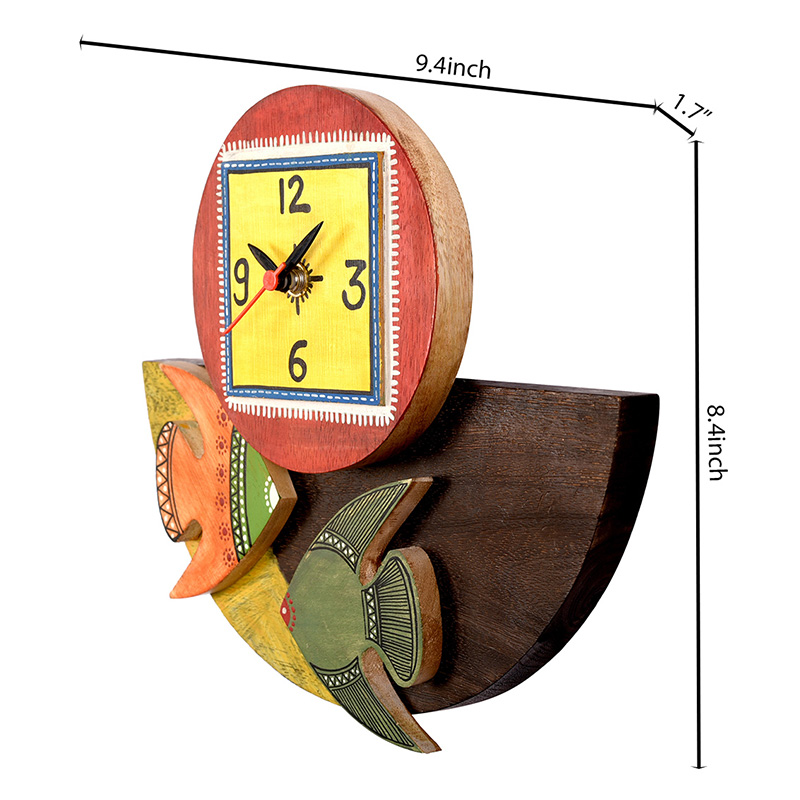 Moorni Wall Clock Handcrafted Wooden Tribal Art with Fish Motif  - (9.4x1.7x8.4 in)