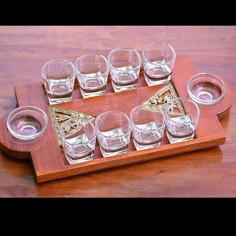 Shot Tray Triangular Dhokra Work Jaali In Mango Wood