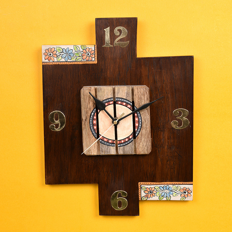 Moorni Wall Clock Handcrafted Wooden Tribal Art - (9x1.5x12 in)