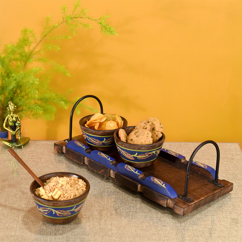 Moorni Wooden Bowls & Tray Hand-painted, Metal Handles