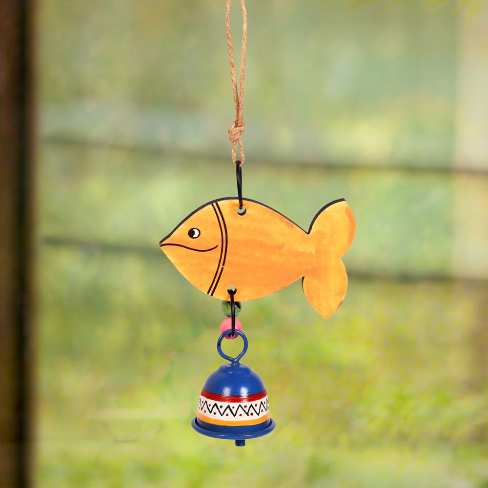 Moorni Handpainted Orange Fish Wind Chimes for Home Decorative (Multicolour)