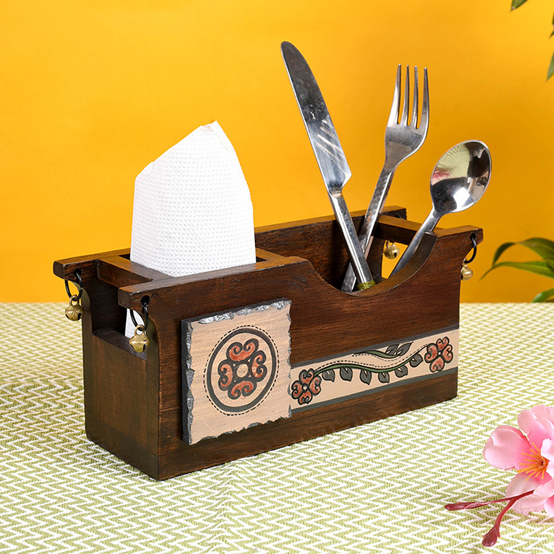 Moorni Cutlery Holder Handcrafted in Wood with Folk Art - (9.2x3.3x4 in)