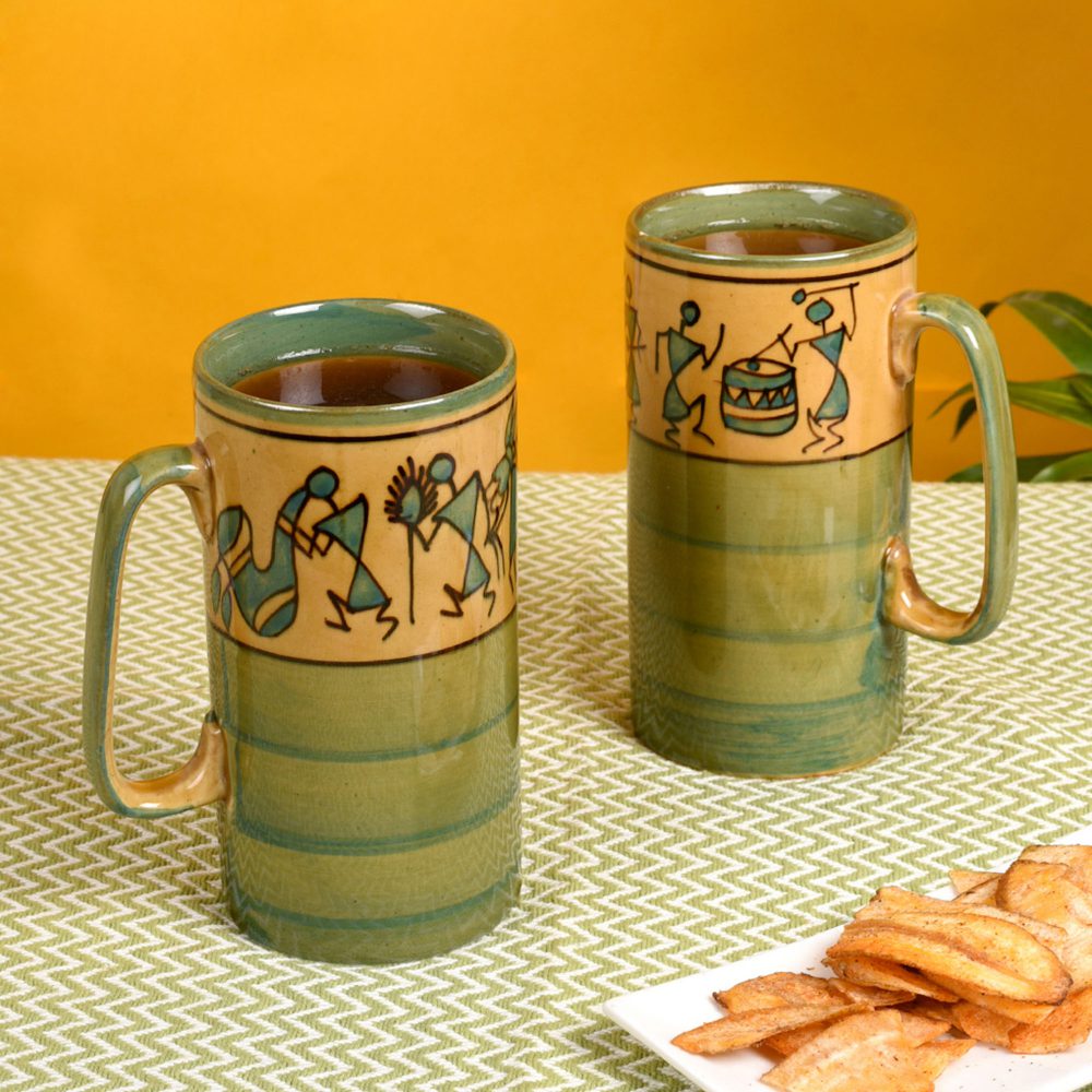 Moorni Mug Ceramic Yellow Warli (Set of 2) (5x3.75x3.1)