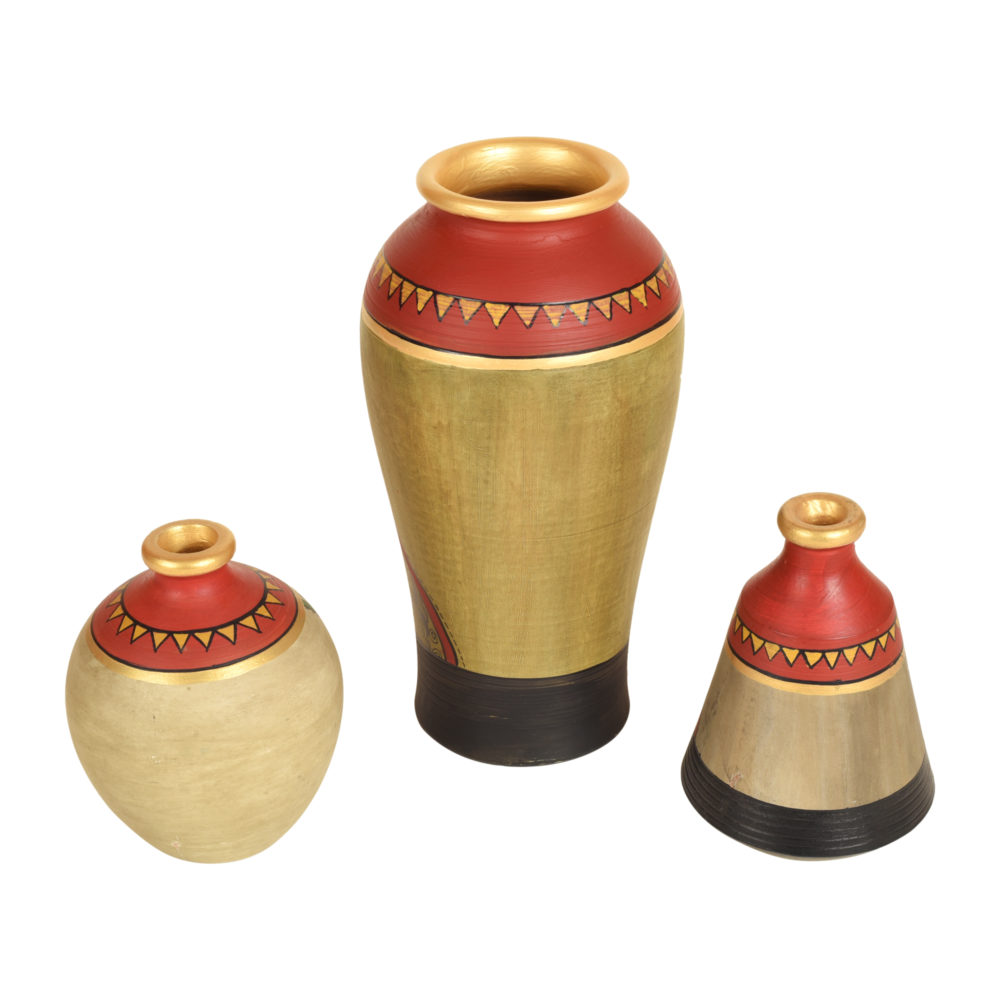 Moorni Mud Red Earthen Miniature Vases with Warli Art