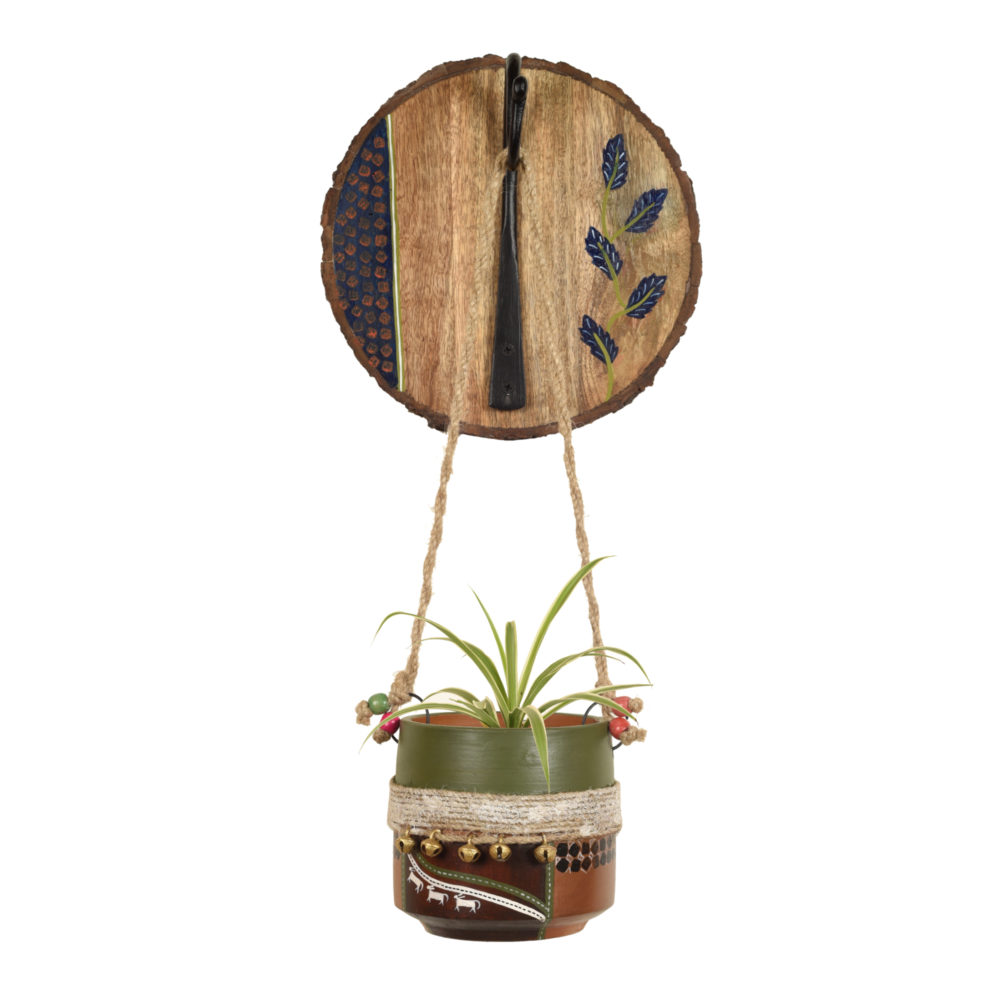 Moorni Jute Embellished Brown Earthen Planter on a Round Wall Hook