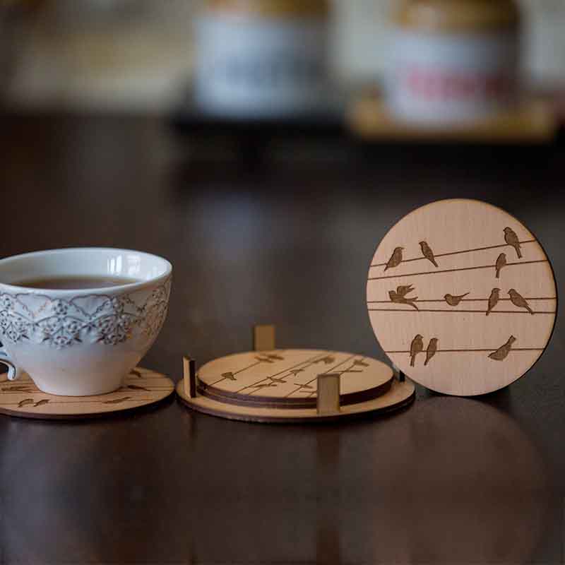 Olha-o Round Coasters with Birds Design Engraved (Set of 4)