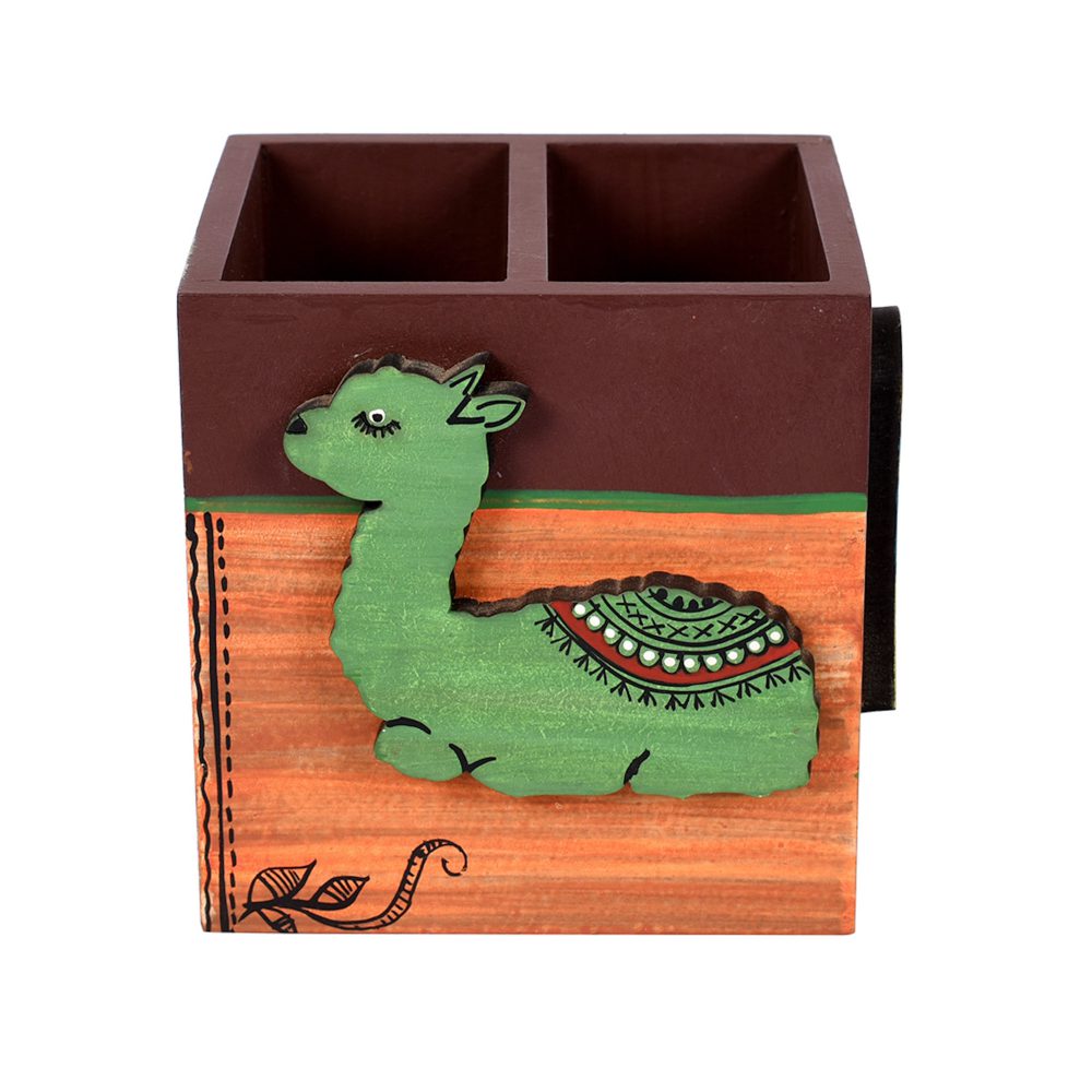 Moorni Pen Holder Handcrafted Tribal Art Wooden Alpaca Motif (4.2x3.6x4)