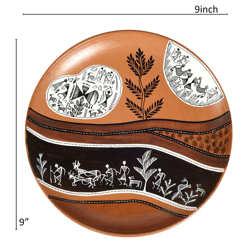 Moorni Handpainted Warli Earthen Plate for Wall Decor - (9x9 in)