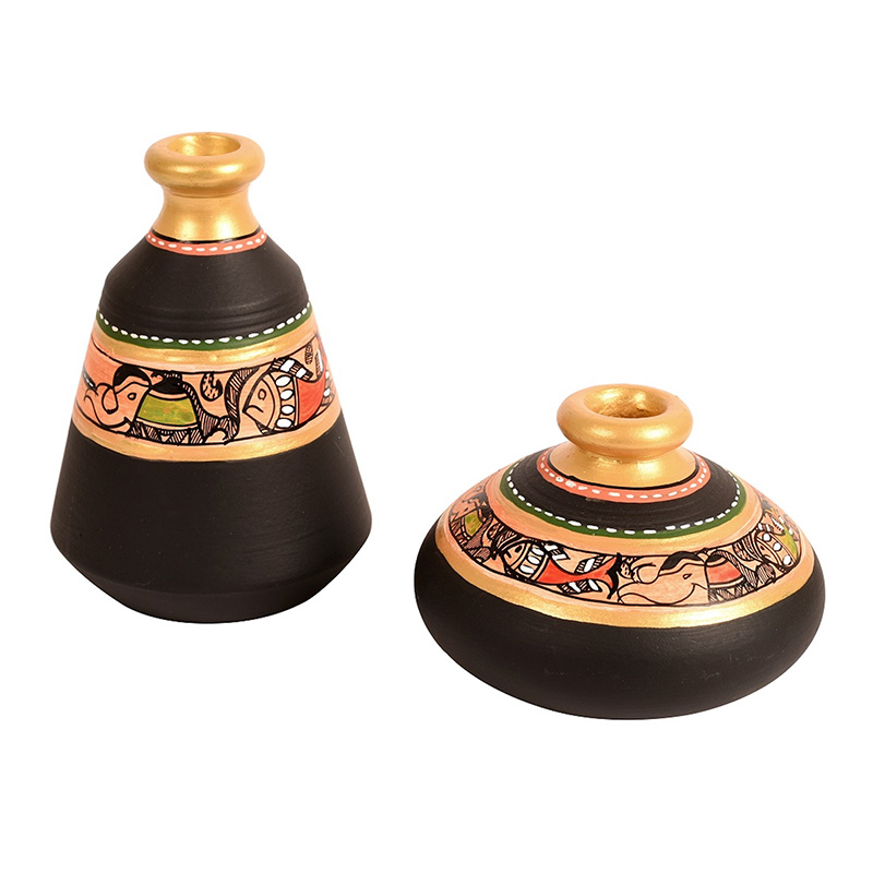 Moorni Wall Decor 2 Wooden Shelf & 2 Pots Madhubani Design Black - (9x2.7x8 in)