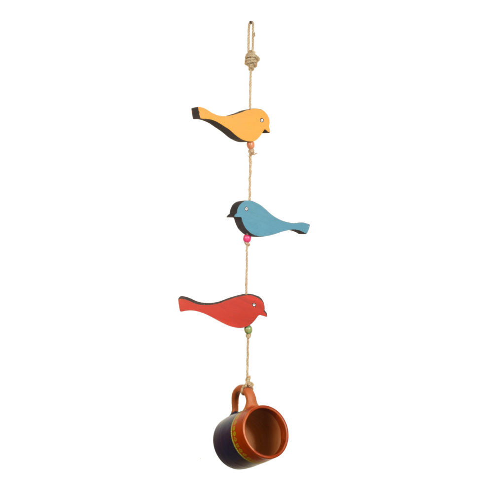 Moorni Blue Cup Hanging Bird Feeder with Bird Motifs