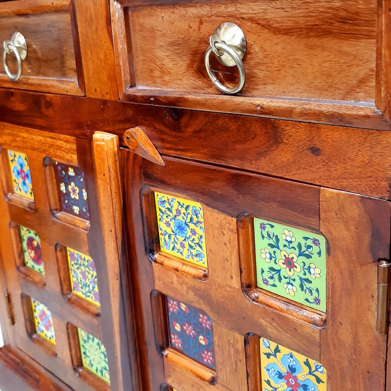 Moorni Real Wood Home Temple With Drawer and Tiles Work