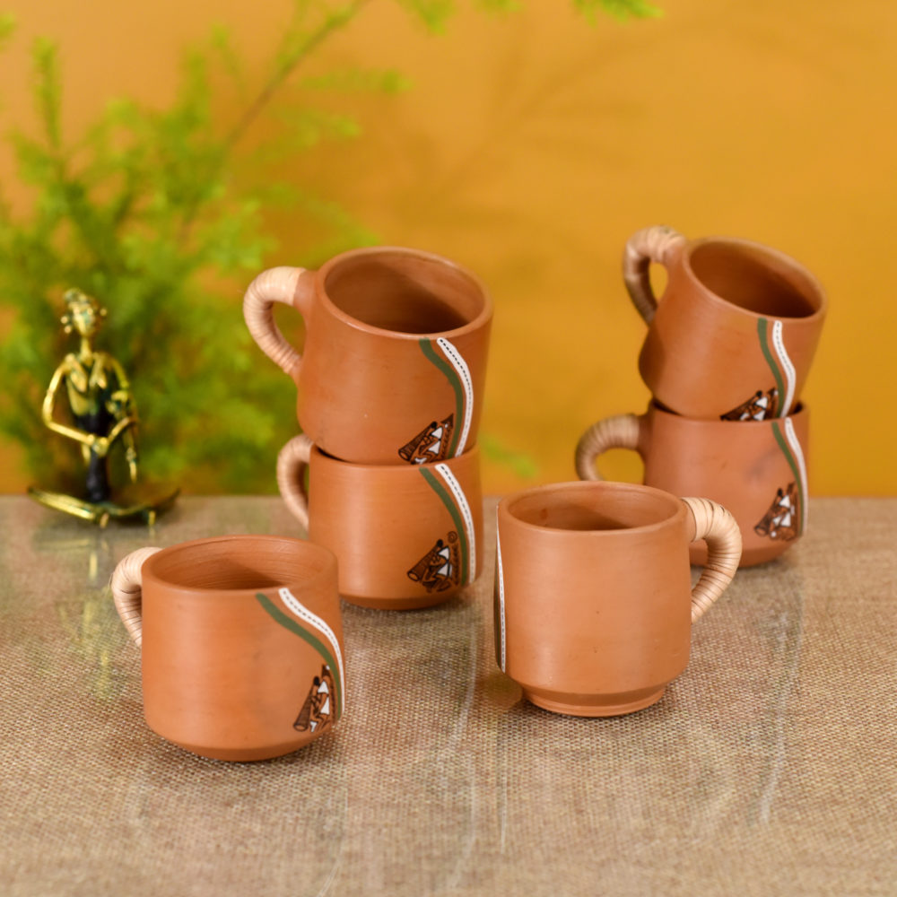 Moorni Knosh-J Earthen Cups with Caned Handle (Set of 6)