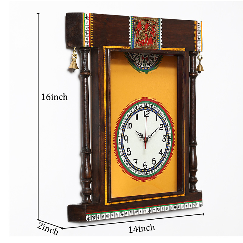 Moorni Wall Clock Handcrafted Warli Art Yellow Dial with Glass Frame - (14x16 in)