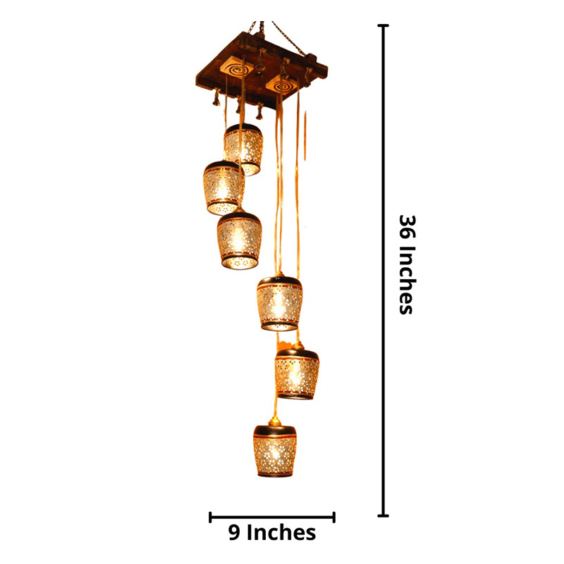 Moorni Moon-6 Chandelier With Metal Hanging Lamps In Simmering Gold (6 Shades)