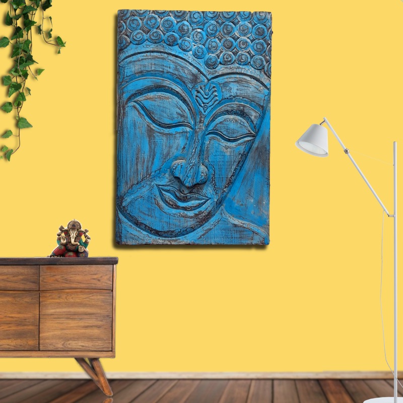 Moorni Large Buddha Wall Accent in Natural Wood Blue Shade