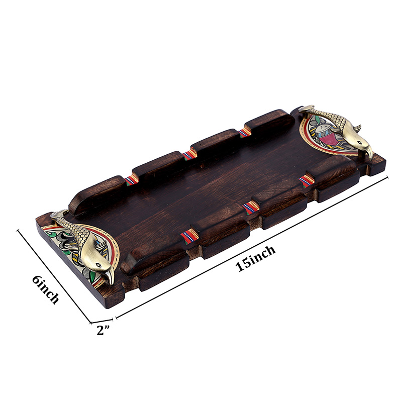 Moorni Tray Handcrafted with Warli design & Fish Handles - (15x6 in)