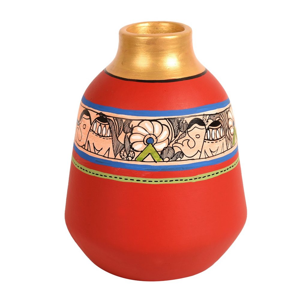 Moorni Vase Earthen Handcrafted Red Madhubani 6.5x5.5(HxD)