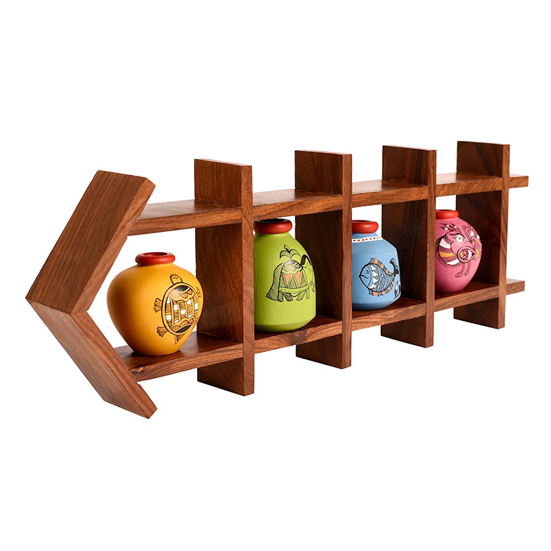 Moorni Wall Decor Ladder & 4 Colored Handcrafted Madhubani Pots - (16.5x2x6 in)