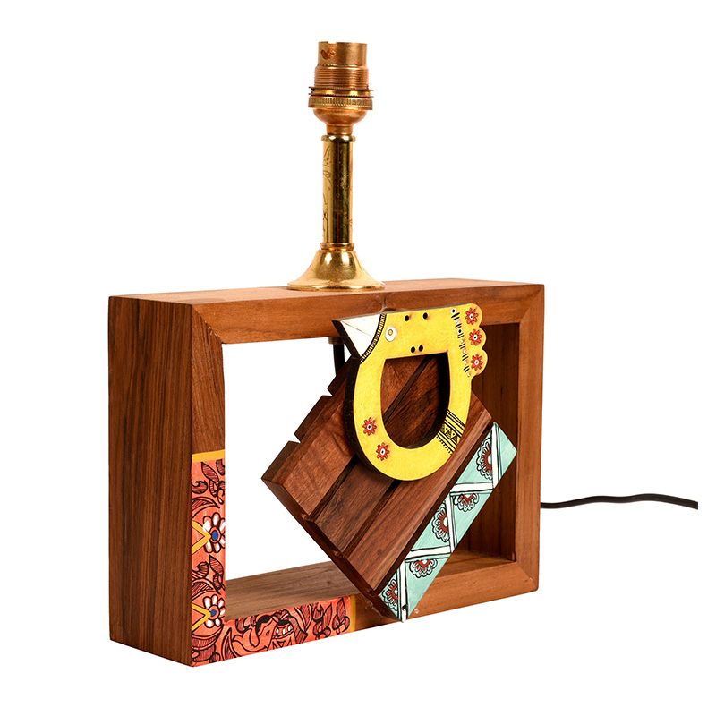 Moorni Table Lamp Handcrafted Wooden Tribal Art Bird SQ White 10in Shade - (8x4x10.7 in)