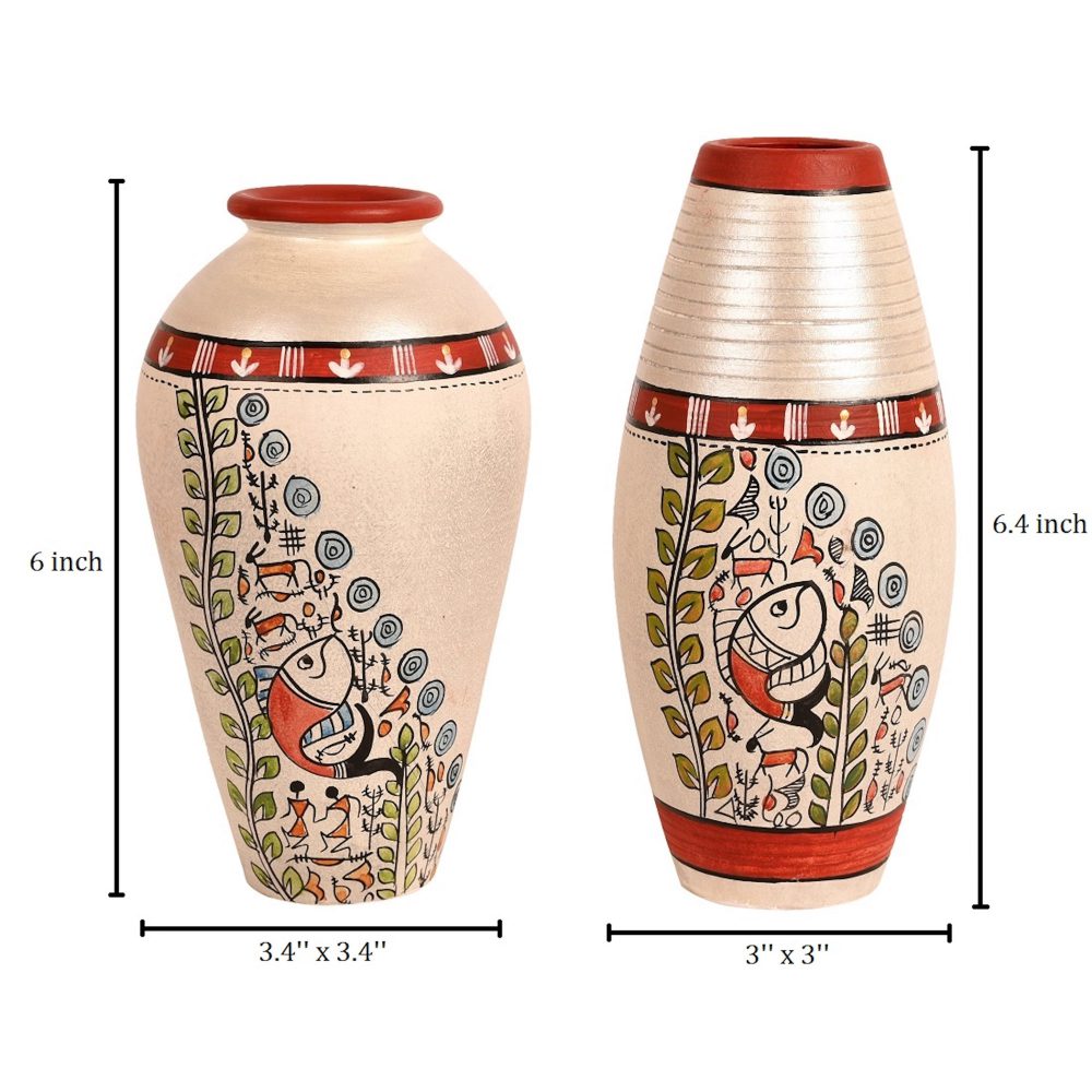 Moorni Vase Earthen White Madhubani (Set of 2) (6x3.4/6.4x3)