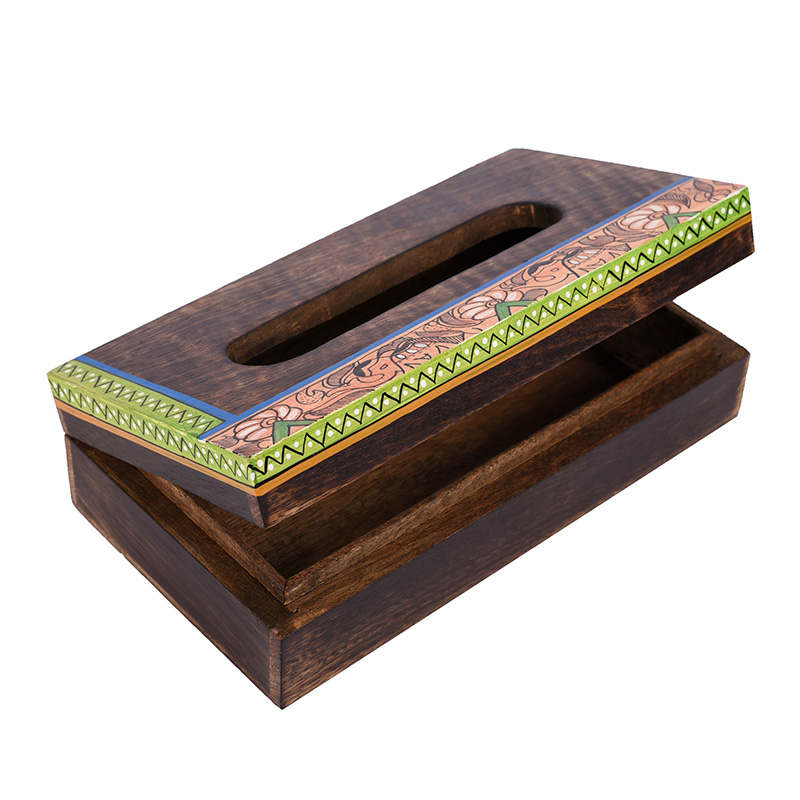 Moorni Tissue Box Handcrafted in Wood with Madhubani Painting - (9x5x2.5 in)