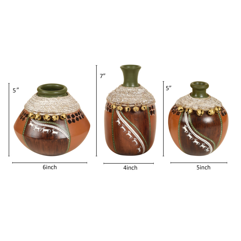 Moorni Coco-F Jute Embellished Earthen Vases in Warli Art