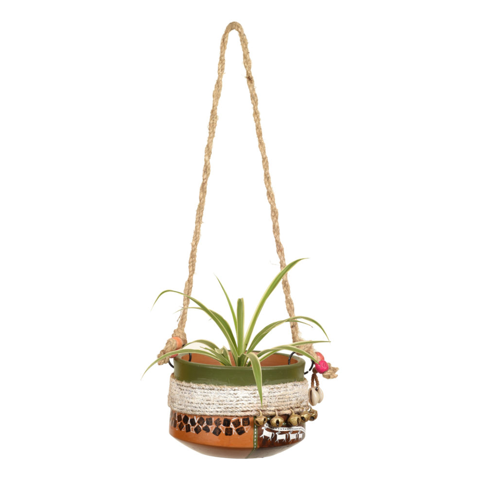 Moorni Jute Embellished Brown Hanging Earthen Planter