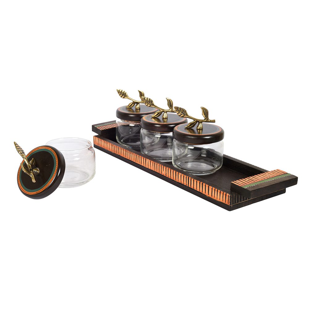 Moorni Tray Wooden & 4 Glass Jaar with Leaf Handle (Set of 5) (17.5x5x6)