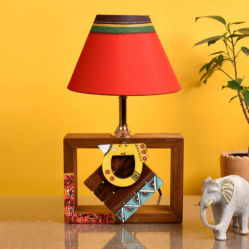 Moorni Table Lamp Handcrafted in Wood with Tribal Motifs and Bird with Red Shade - (8x4x10.7 in)