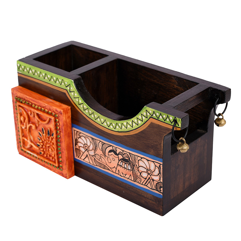 Moorni Cutlery Holder Handcrafted in Wood with Madhubani Art - (8x3.5x4 in)