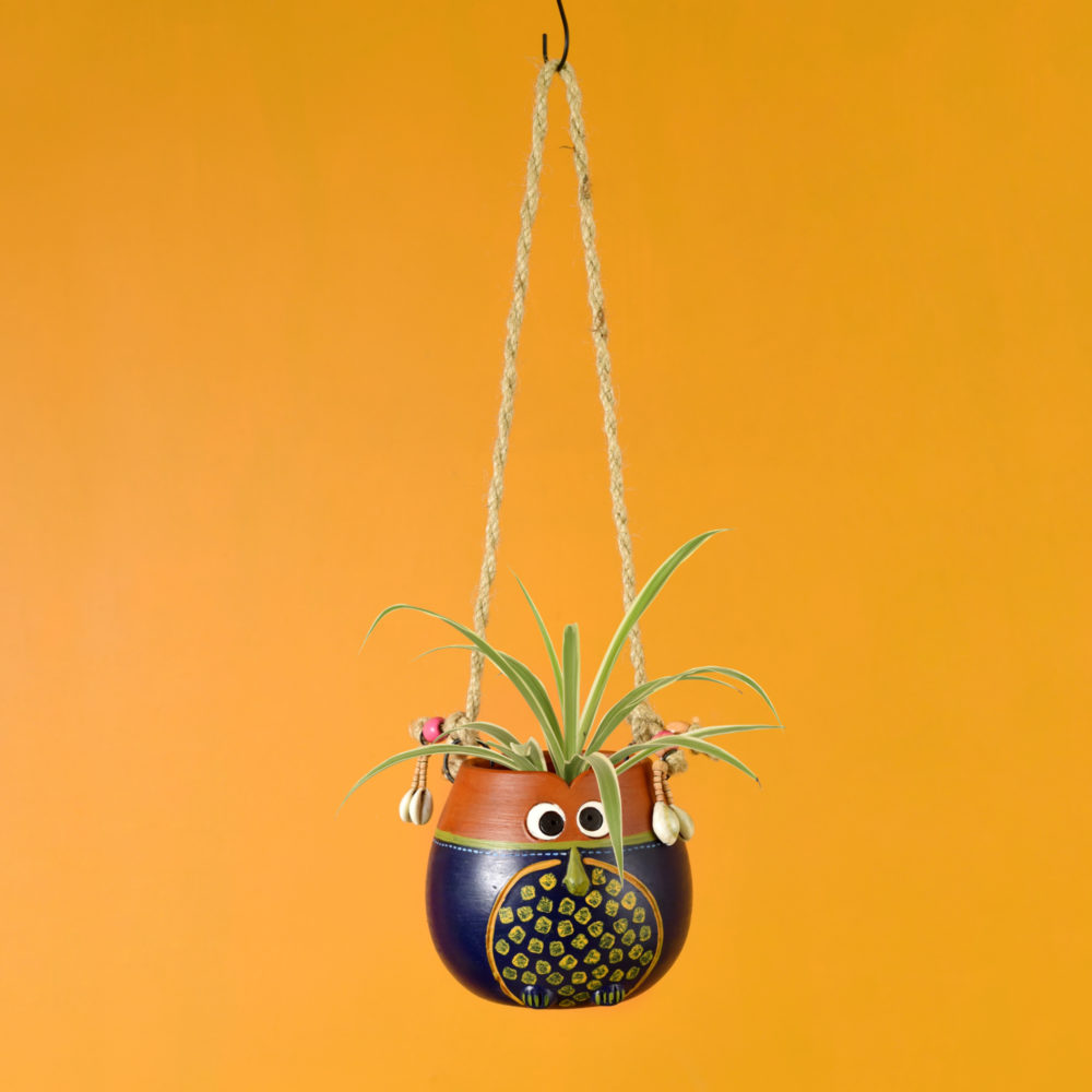 Moorni Blue-Brown Earthen Planter Pot with Jute Hanger