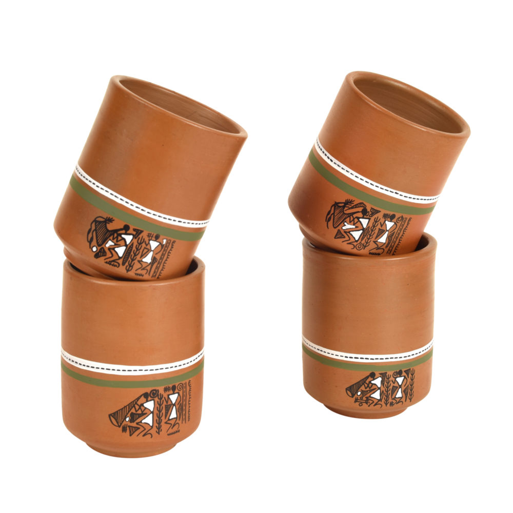 Moorni Knosh-C Earthen Mugs with Tribal Motifs (Set of 4)