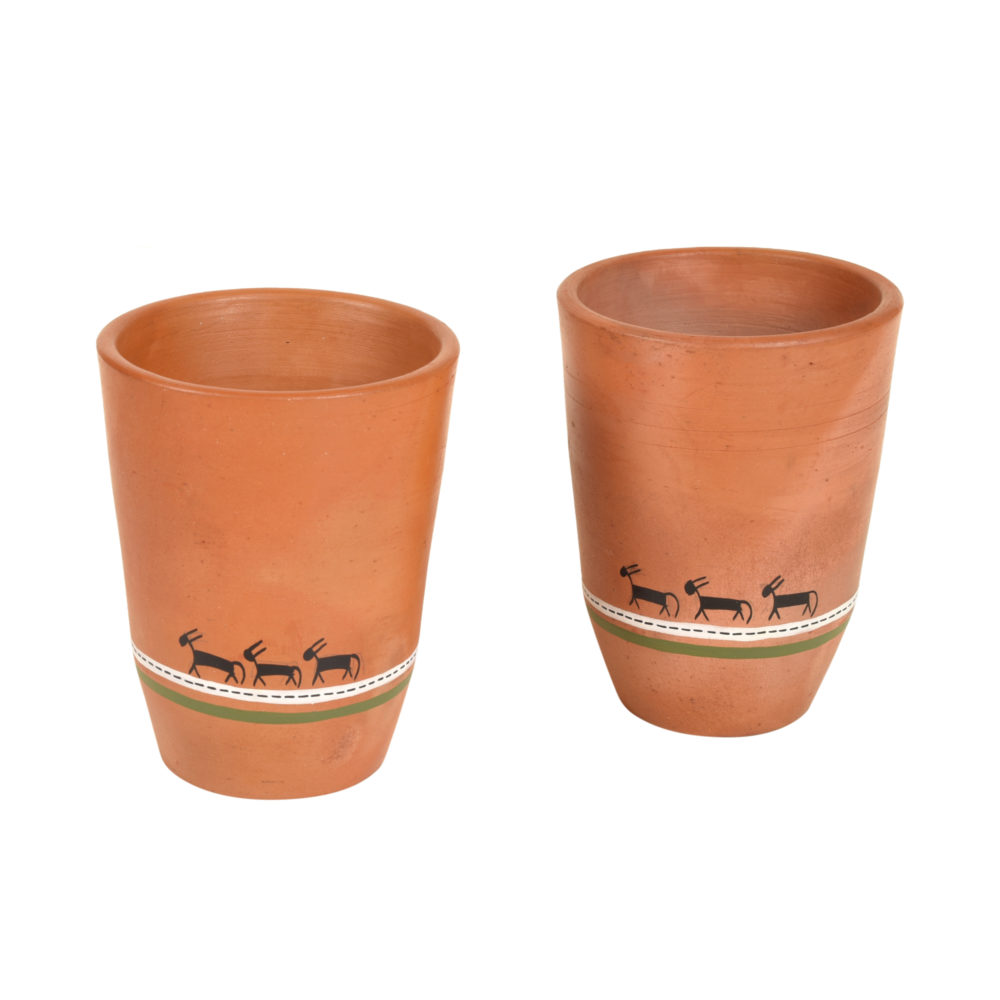 Moorni Knosh-5 Earthen Mugs with Caned Handle (Set of 2)