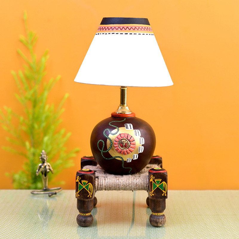 Moorni Table Lamp Earthen in Brown Color on Jute Wooden Manji Handcrafted with White Shade (8x8x17 in)