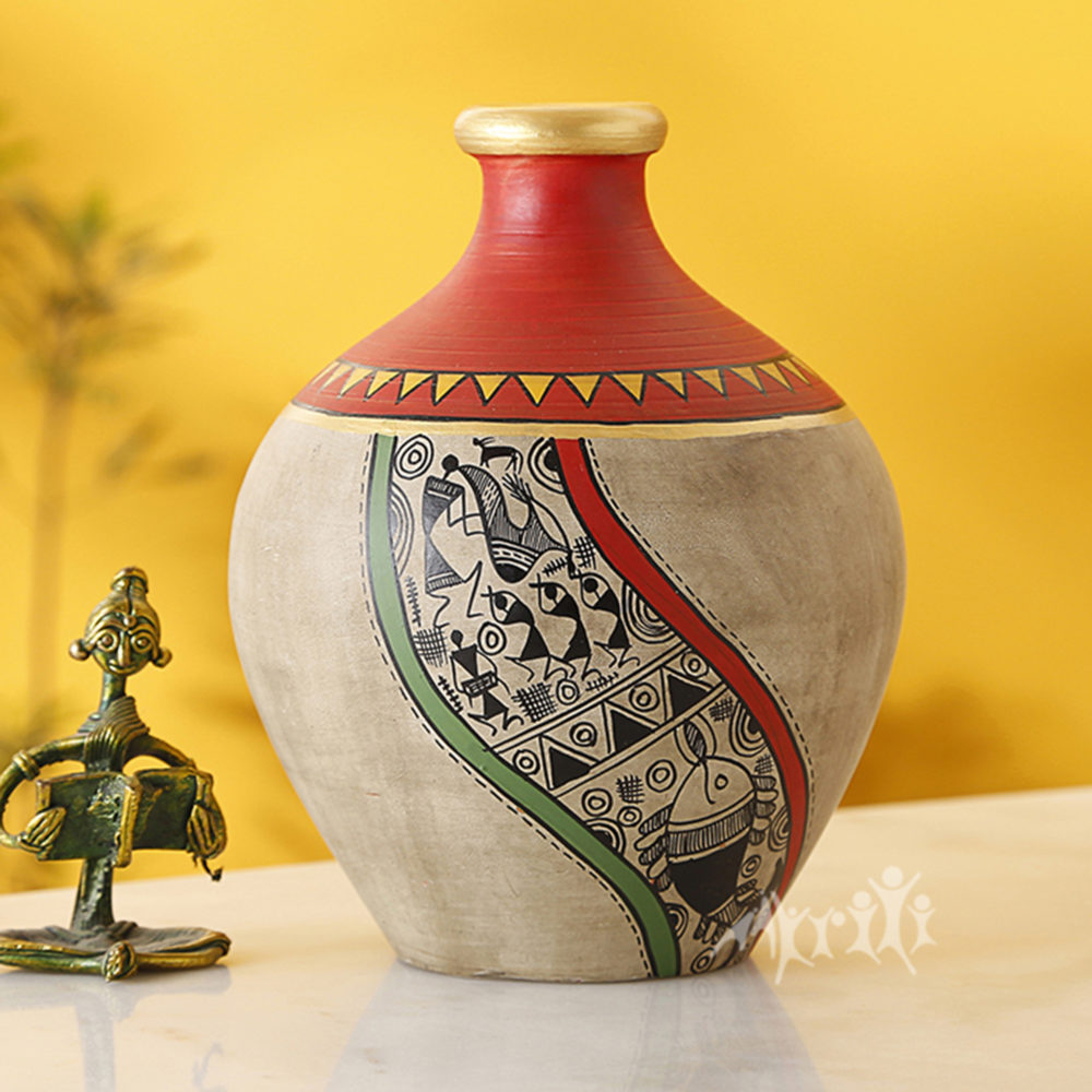 Moorni Vase Earthen Handcrafted Red & Gold Warli 5x4(HxD)