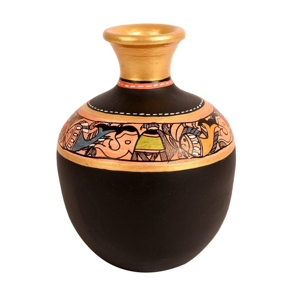 Moorni Vase Earthen Handcrafted Black Madhubani 6x4(HxD)