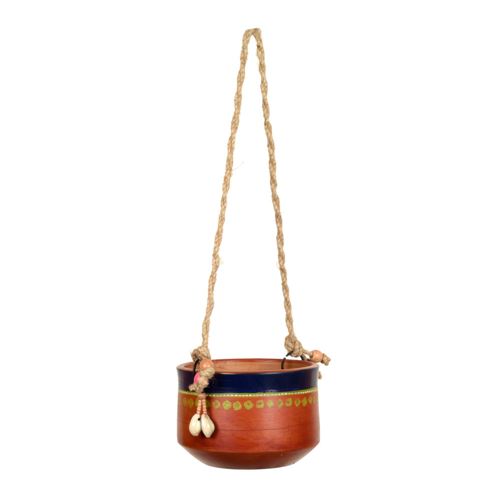 Moorni Blue-Brown Earthen Planter with Jute Hanger ( Pot-5x5x3.5) H-14x