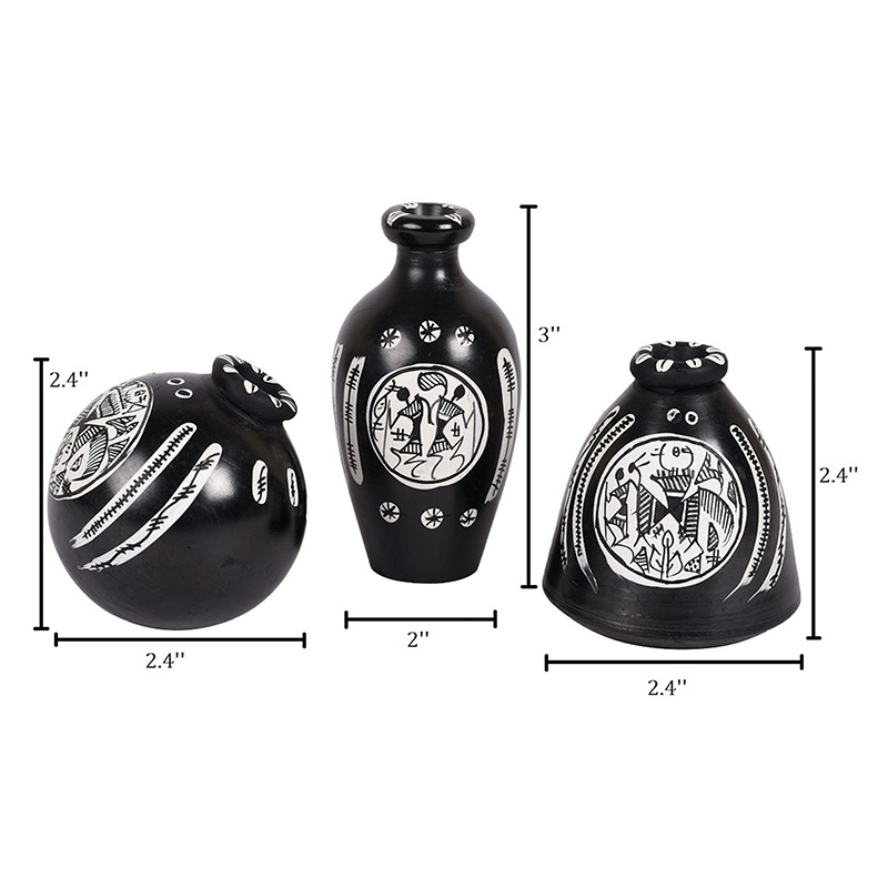Moorni Wall Decor Ladder & 3 Handcrafted Warli Black Pots - (6x2x13 in)