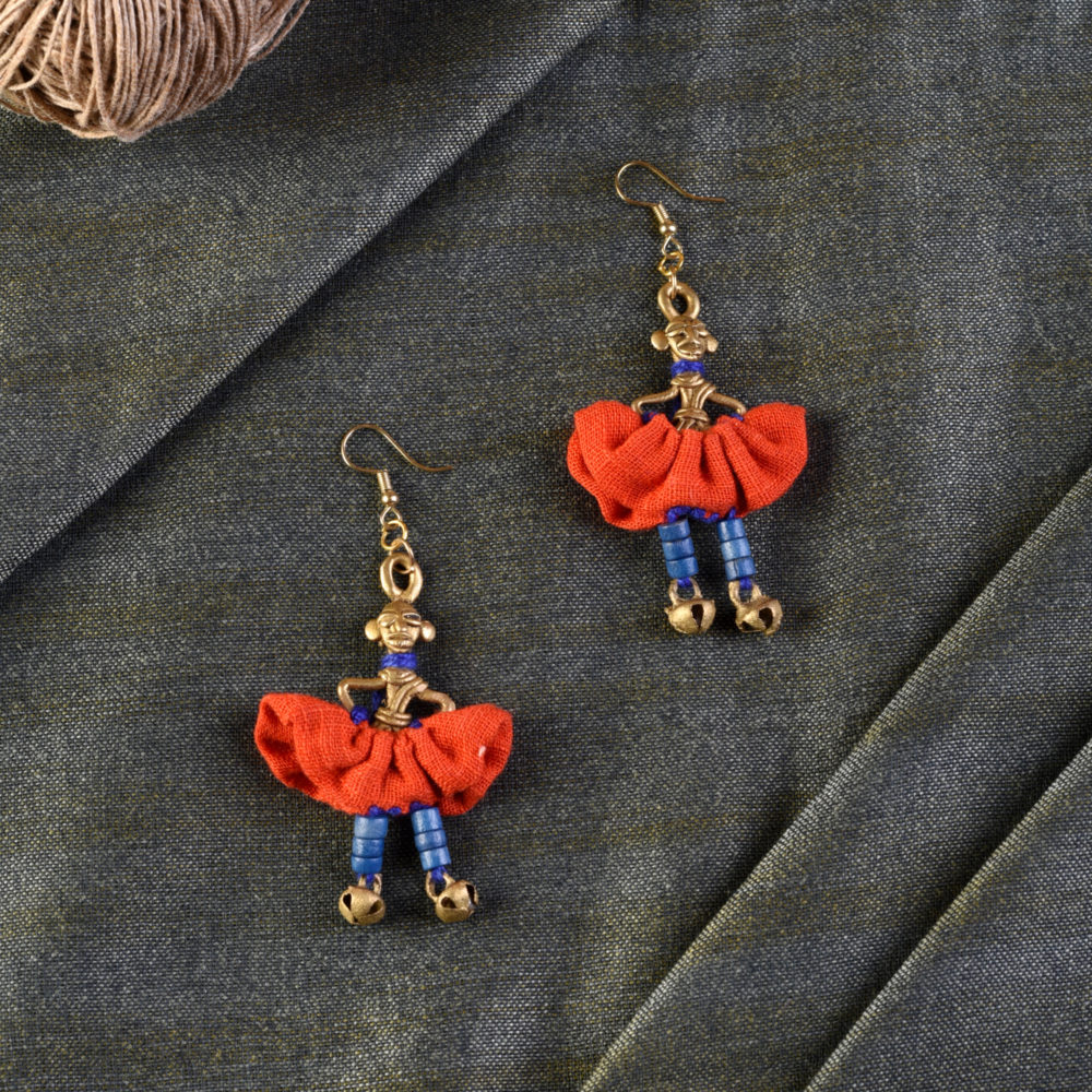 Moorni The Dancing Empress Handcrafted Tribal Dhokra Earrings in Sunset Orange