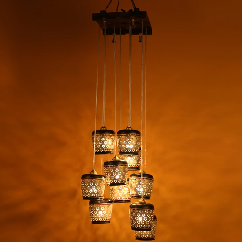 Moorni Moon-10 Chandelier With Metal Hanging Lamps In Simmering Gold (10 Shades)