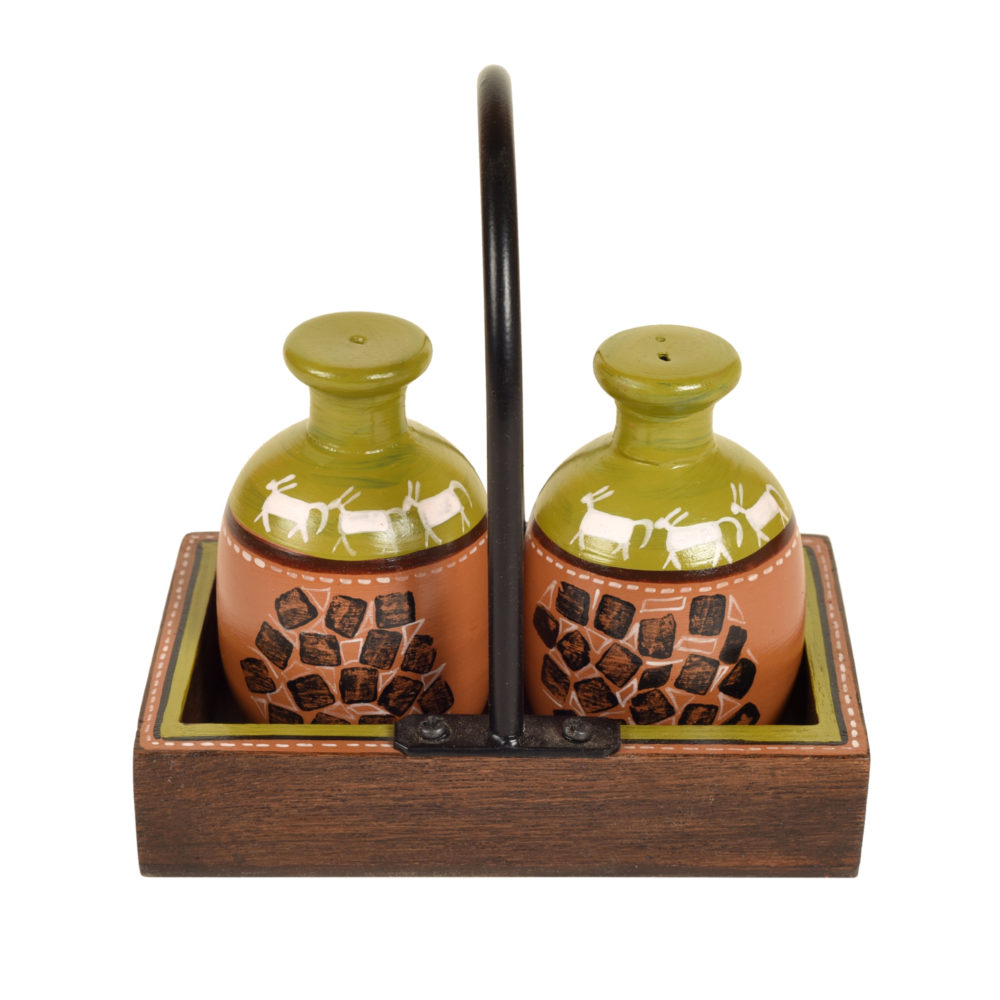 Moorni Asmi Earthen Salt n Pepper Shaker in Wood Tray