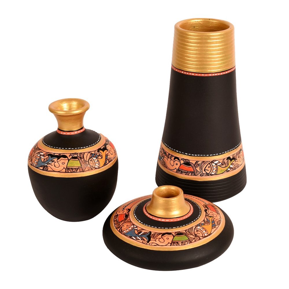 Moorni Vase Earthen Black Madhubani (Set of 3) 3.5/9/6