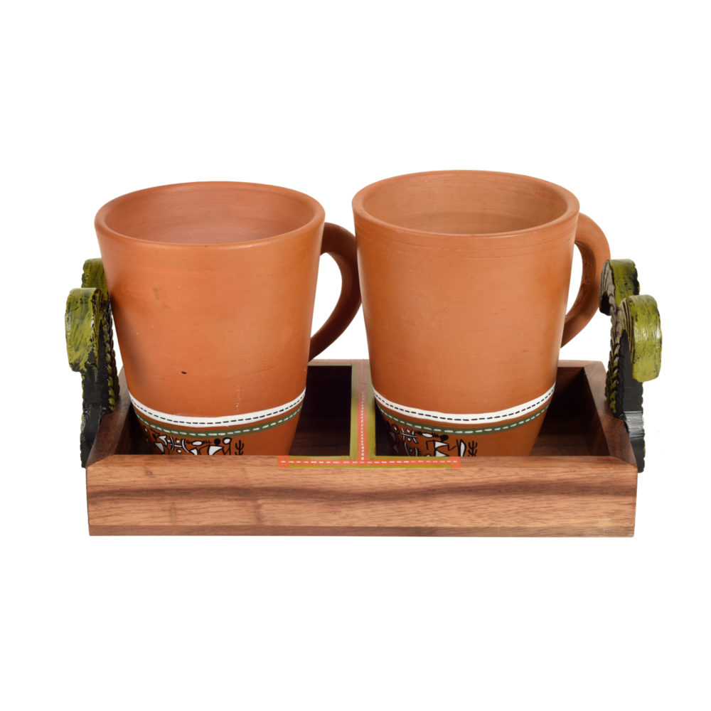 Moorni Happy Morning Earthen Coffee Mugs & Wooden Tray