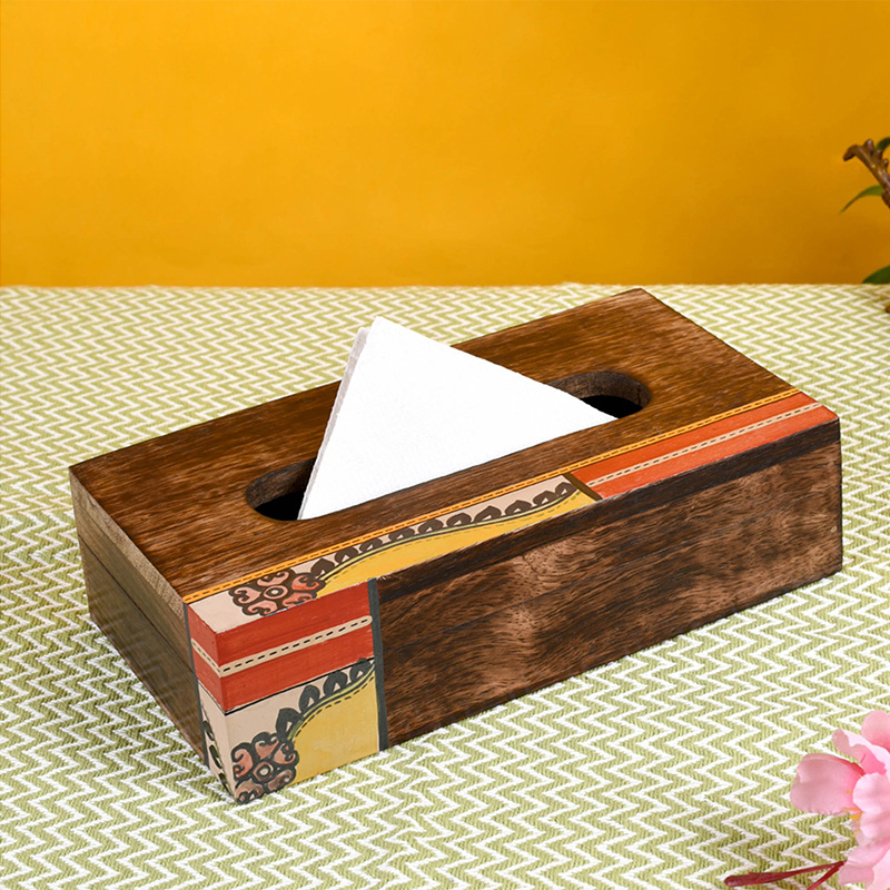 Moorni Tissue Box Handcrafted in Wood with Tribal Art Flower Design - (9x5x2.5 in)