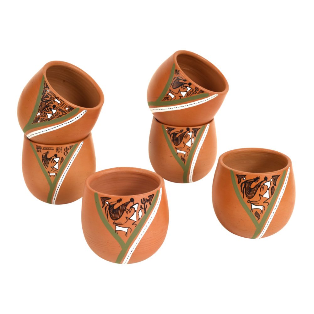 Moorni Knosh-K Earthen Kullads with Tribal Motifs (Set of 6)