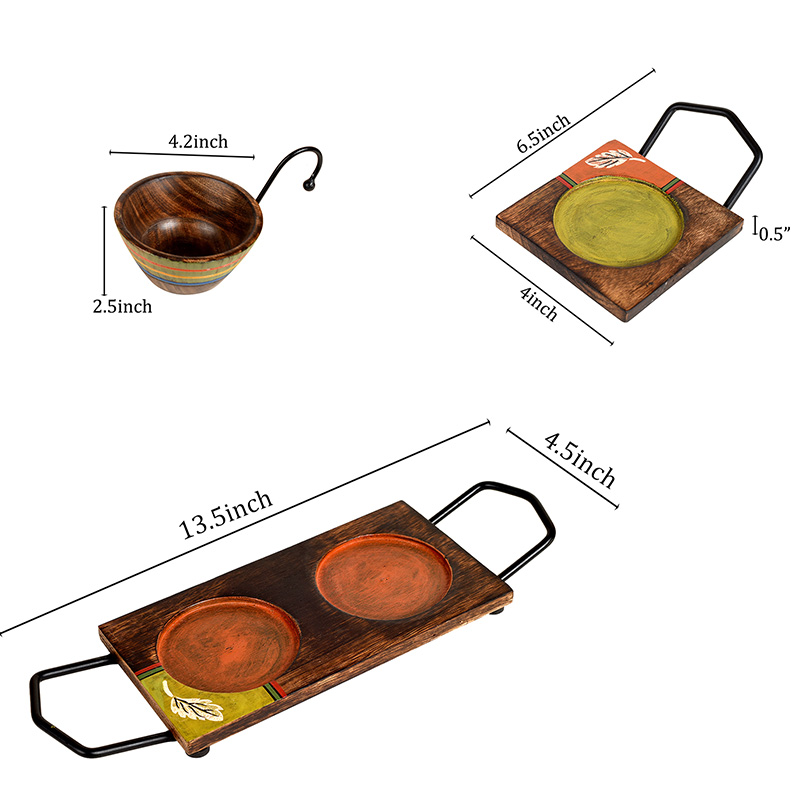 Moorni Hook-ed Snack Bowl with Square Tray Two Sets with One Holding Tray - (6.5x4x4.5/13.5x4.5 in)