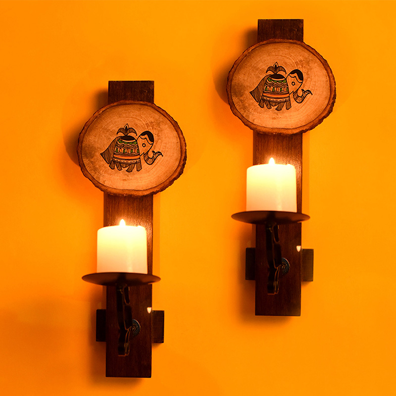 Moorni Wall Mounted Wooden Candle Stand With Tribal Art